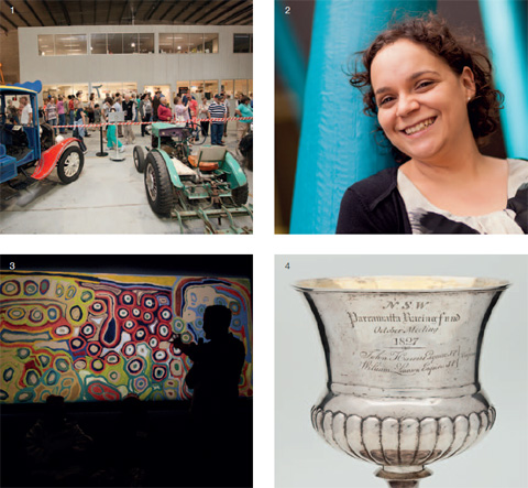 A compile of four roughly square-shaped photographs in a larger square. Top left, marked with a small '1', shows a crowd of people filing past two brighly painted vehicles at one of the Museum's storage and conservation areas. Top right, marked with a small '2' is a portrait of Indigenous cadet and Rhodes scholar Rebecca Richards. Bottom left, marked with a small '3' shows the silhouetted profile of a man standing to the right and gesturing with his hand towards a large, brightly-coloured painting from the 'Yiwarra Kuju' exhibition. Bottom right, marked with a small '4', shows the top section of a silver cup, engraved with the words 'NSW / Parramatta Racing Fund /October Meeting /1827'.