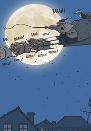 Cartoon of Santa driving a sleigh pulled by sheep with a sheep-dog sitting in the back.