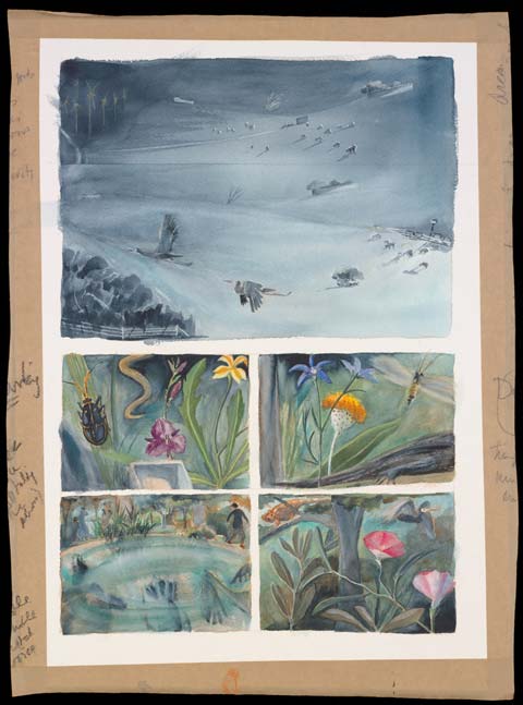 A painting divided into five panels. The top panel, in black and white, shows a farming landscape, with two birds flying in the foreground. The bottom four panels, in colour, show various plants and animals and a human form beside a waterhole.