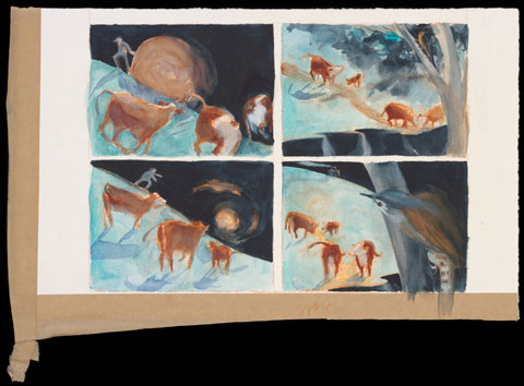 A painting, divided into four panels, showing a human form with a round hay bale, cattle in a paddock and a bird perched in a tree.