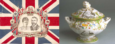 Image showing a flag on the left and a soup tureen on the right. The flag consists of a central black and white portrait sketch of the Duchess and Duke of York, surrounded by various state crests, an emu on the left and a kangaroo on the right and the words 'For Queen & Empire. Federated Australia' at the bottom. The backdrop is a red, white and blue union jack. The ceramic soup tureen has a white base and gold-rimmed lid and handles. It is decorated with elaborate imagery including flora and curlicules. A black and white kangaroo and emu appear either side of a stylised 'Union Club' coat of arms.