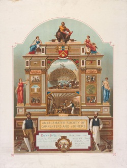 Coloured lithograph membership certificate showing various human figures sitting atop and beside a classically-inspired arch. Inside the arch are images of tradesmen at work beside a waterway and others inside a workshop. At the front of the arch stand a carpenter and joiner with various tools of the trade. 'AMALGAMATED SOCIETY OF CARPENTERS AND JOINERS' is printed above a text panel that certifies membership (text illegible).
