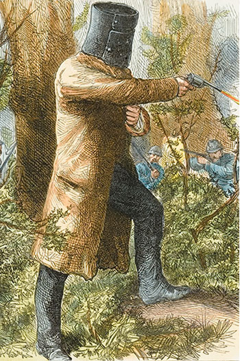 colour image of Ned Kelly wearing his metal helmet and a long coat. He is a firing a revolver. In the background police are taking aim at him with rifles.