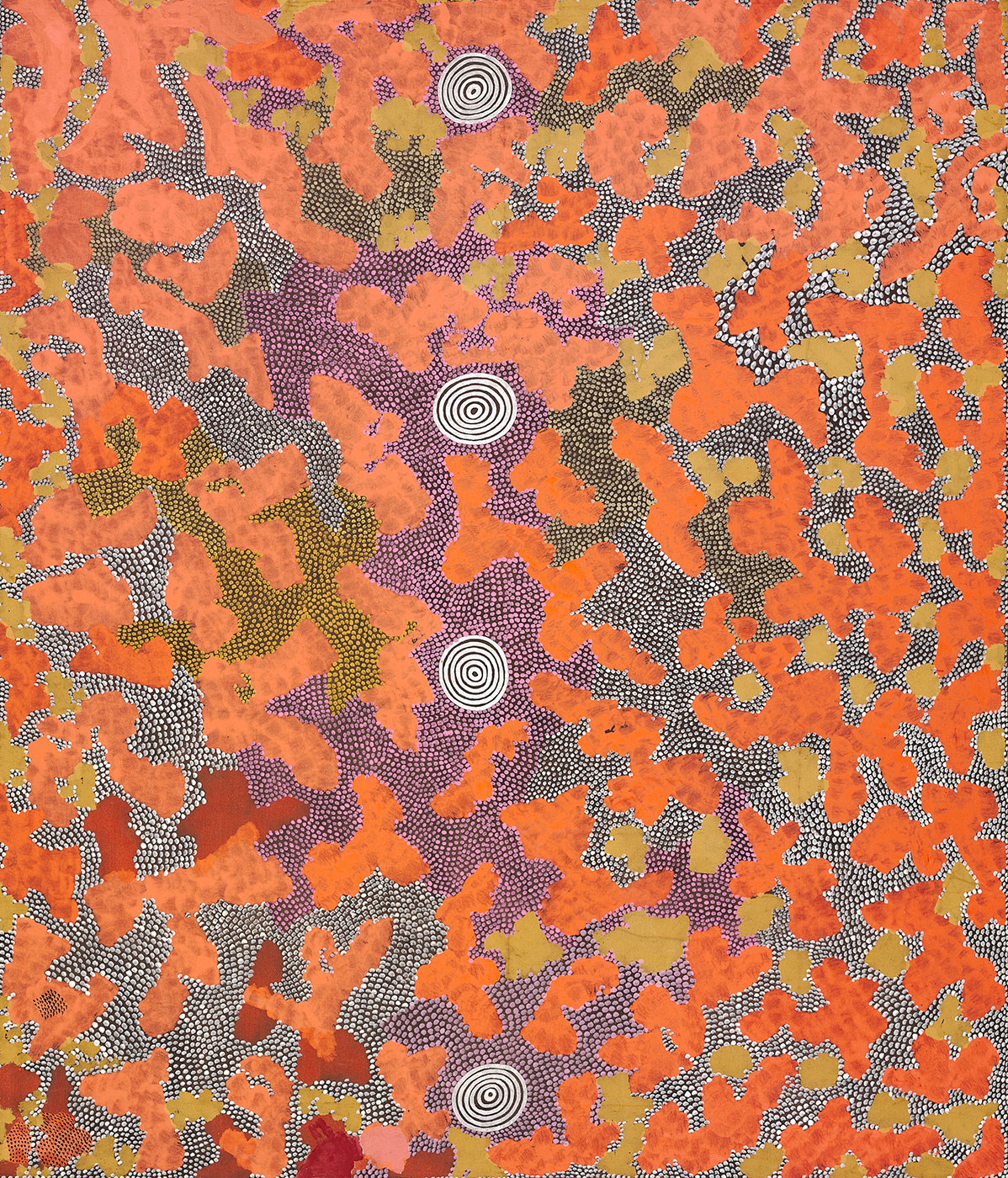 Budgerigars in the Sandhills 1975 by Billy Stockman Tjapaltjarri. - click to view larger image