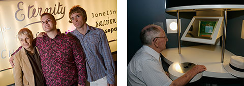 Image on left: Tim Sharp (centre), with his mother Judy and brother Sam in the Eternity gallery. Image on right: A visitor seated at a computer in the Eternity gallery.