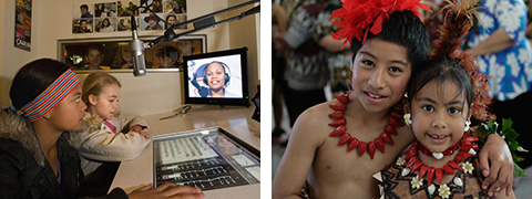 Image on left: Young visitors participate in a program inside the Goolarri radio studio exhibit. Image on right: Two young dancers wearing brightly coloured necklaces and feather headpieces.
