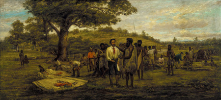 Colour painting of John Batman signing a treaty with Aboriginal people.
