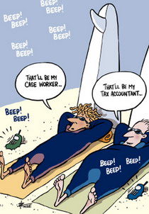 Cartoon of two Australian men taking some time off from their responsibilities to sun-bake and surf on the beach.