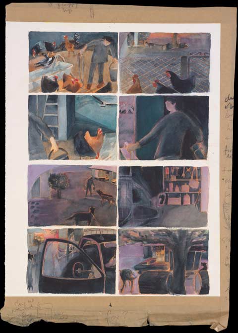 A painting, divided into eight panels, showing a woman feeding chickens, the interior and exterior of a garage, and two farm dogs.