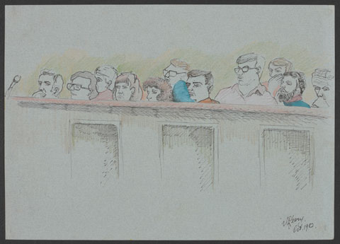 Coloured sketch showing 11 people's faces visible above a wooden jury box. The men and woman are looking to the left.