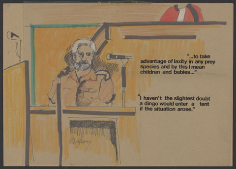Sketch showing a bearded man in a courtroom, sitting in front of a microphone. The man wears a brown-coloured uniform. A judge, wearing red robes with black trim, is partially visible, sitting higher in the rear of the sketch. The words '...to take advantage of laxity in any prey species and by this I mean children and babies...' and 'I haven't the slightest doubt a dingo would enter a tent if the situation arose' have been applied over the sketch, to the right of the man who is testifying.