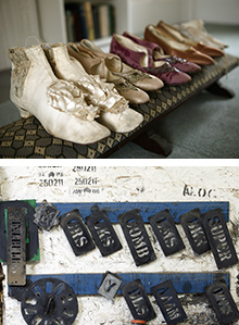 Image compile showing five pairs of ladies shoes at the top and various metallic stencils hanging on a board at the bottom.