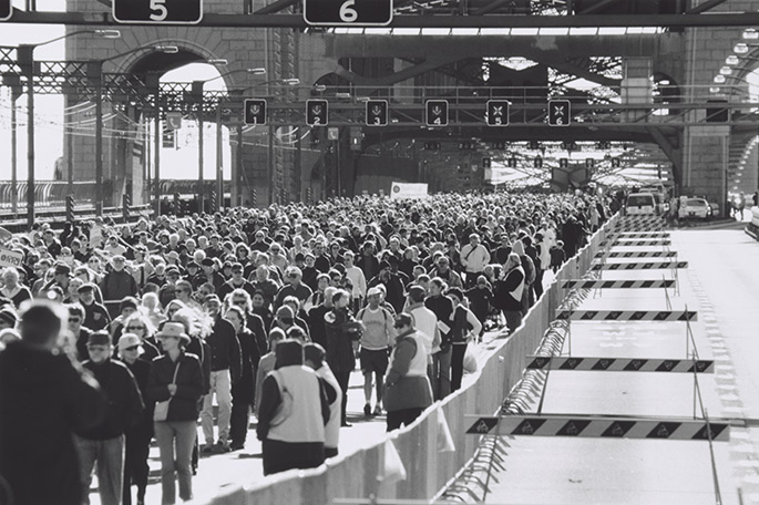 Crowd on bridge
