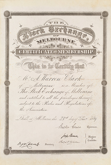 Document with ornate calligraphy, stating ‘The Stock Exchange of Melbourne – Certificate of Membership’ etc
