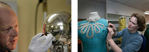 Image on left: Peter Bucke carrying out conservation work on a trophy. Image on right: Victoria Gill undertaking conservation work on a strapless blue evening gown.