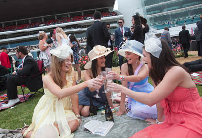 Katherine Henry, Nadine Mesite, Liane Castission and Janine Lang enjoy a glass of bubbly on the lawns at Flemington, 2010.