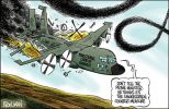 Cartoon of a plummeting military aircraft named 'Ministerial Code of Conduct' which is trailing black smoke. John Howard is on board and the pilot tells the co-pilot: 'Don't tell the prime minister. He thinks it's the smokescreen counter-measure'.