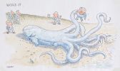 Cartoon of a giant squid with a face resembling Paul Keating, washed up on the shore and gripping John Howard in one of its tentacles.