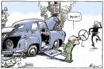 Cartoon showing an FJ Holden style car with a 'Liberals' numberplate, which has crashed into a pole which bears a 'Kevin 07' poster. John Howard, wearing a green and gold tracksuit, stands outside the car holding the steering wheel, saying 'Peter', as Peter Costello runs away. A small creature at the bottom of the cartoon says 'How ungrateful'