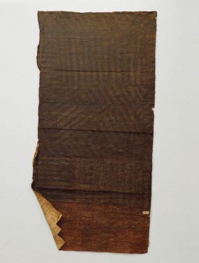 Part of a very large piece of barkcloth, with broad black stripes that stands out only slightly against the blackish-brown background.