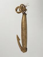 Fishhook made of two pieces of bone neatly tied together, with twisted cord and lashing made of plant material.