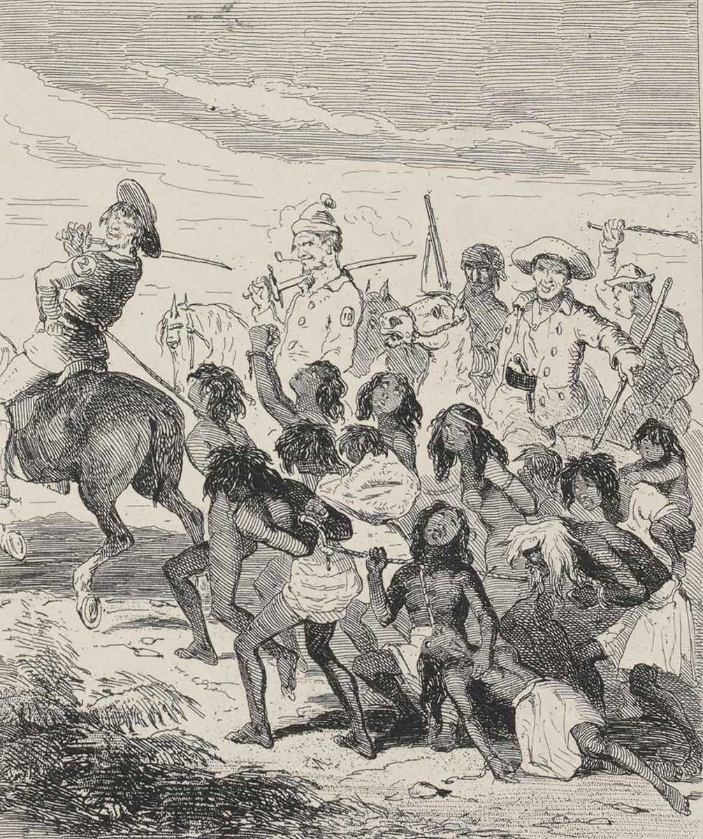 Australian Aborigines Slaughtered by Convicts, by Phiz, The Book of Remarkable Trials, 1840; Chronicles of Crime V. II, 1841 - click to view larger image