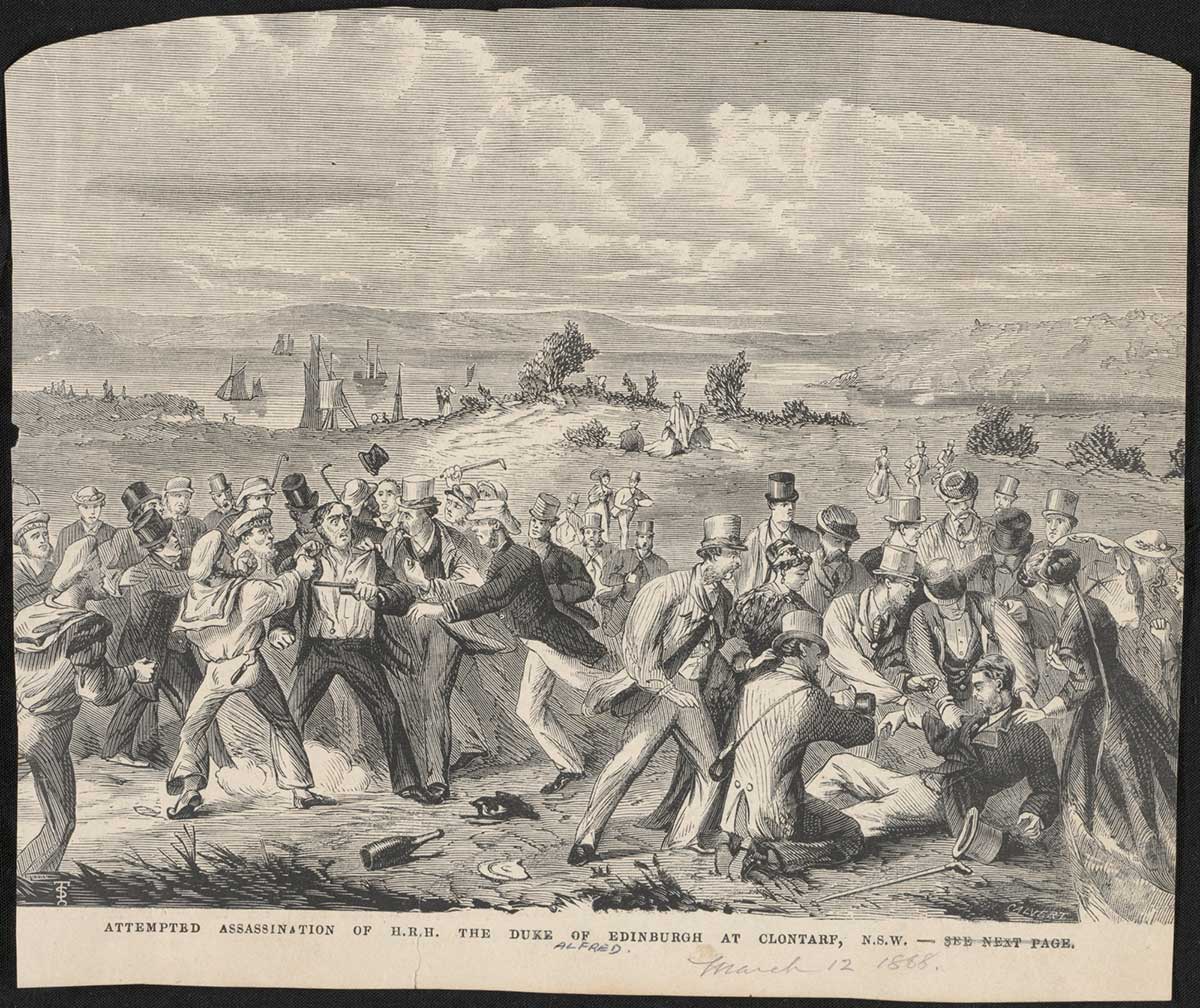 An etching of a crowd scene surrounding an injured person and a gun-wielding man.