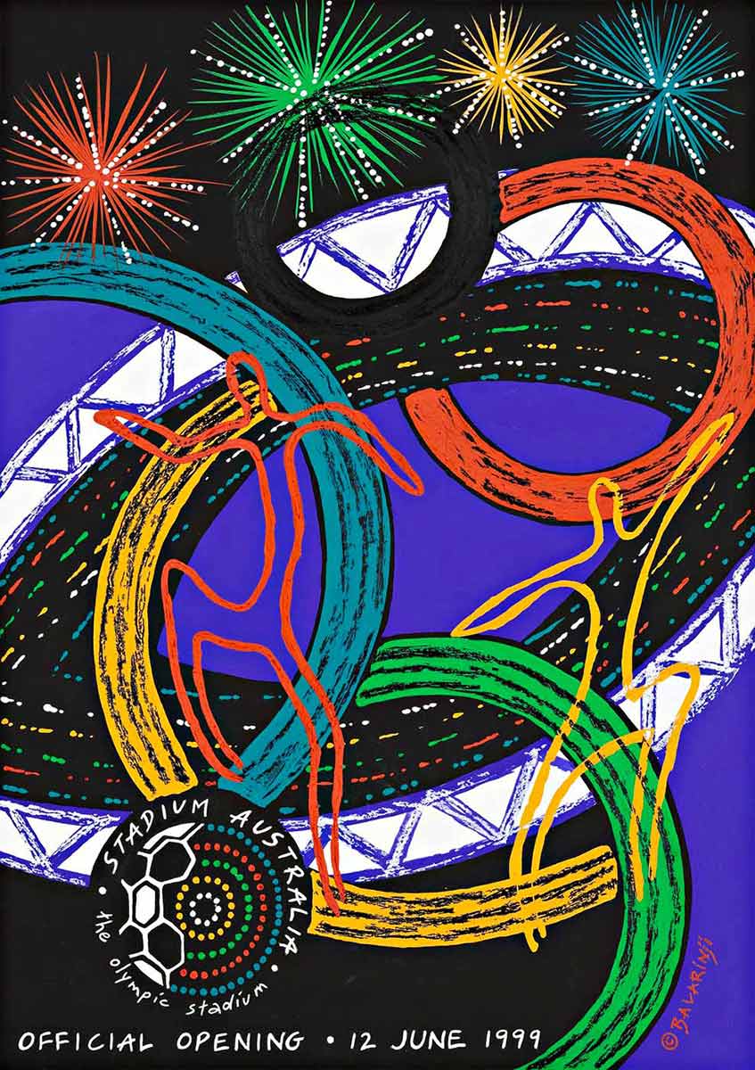 The design features four star bursts across the top in red, green, yellow and blue. There are five partial, overlapping circles in blue, red, green, yellow and black, over an arc in white with blue zig-zag pattern, around two black curve with coloured dashes. The background is purple. In the the lower left is a black sphere with rows of coloured dots and text which reads ' STADIUM AUSTRALIA ..' Across the bottom is the text 'OFFICIAL OPENING. 12 JUNE 1999'. - click to view larger image