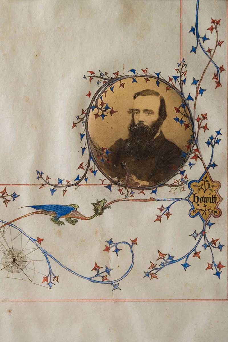 Detail of Ambrose Kyte illumination featuring a rondel housing a print photograph of Robert O'Hara Burke.