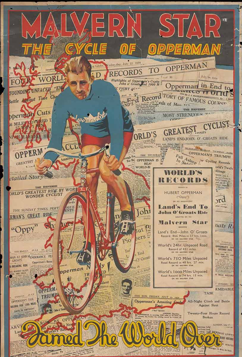 Poster advertising Malvern Star bicycle featuring an illustration of Opperman on a bike - click to view larger image