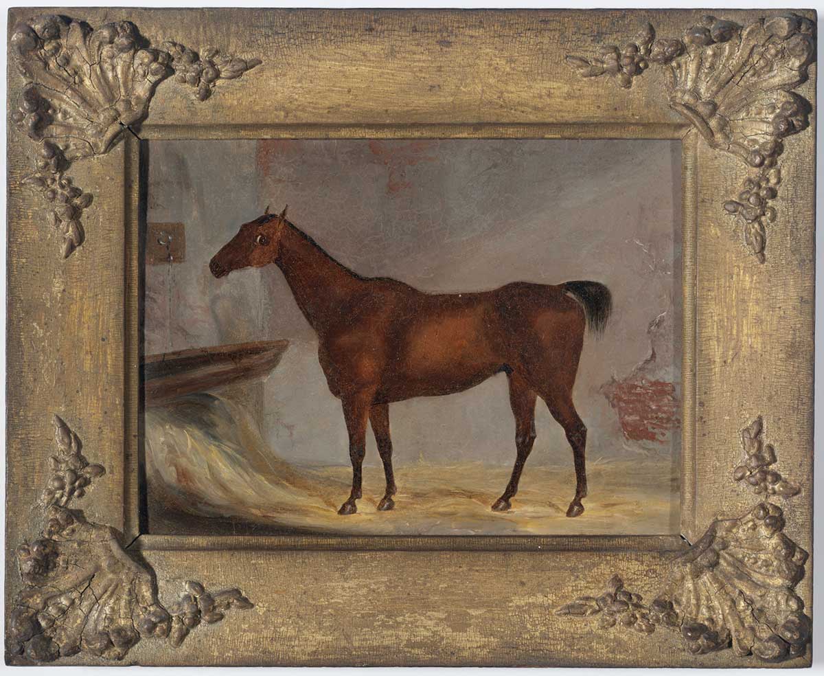 Paining of horse standing looking at a horse trough enclosed in an ornately carved wooden frame. - click to view larger image