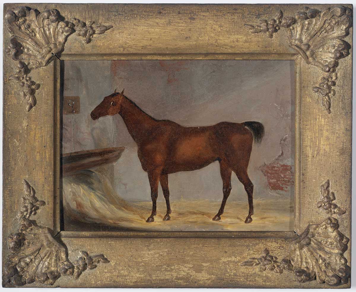 Paining of horse standing looking at a horse trough enclosed in an ornately carved wooden frame - click to view larger image