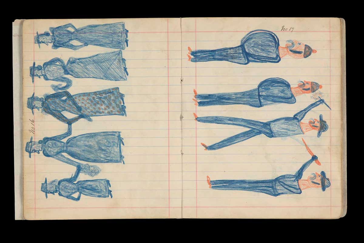 Landscape page from a lined notebook headed 'No.17' and depicting a pencil drawing of two male officials holding up what could be knives standing behind two Chinese male figures.