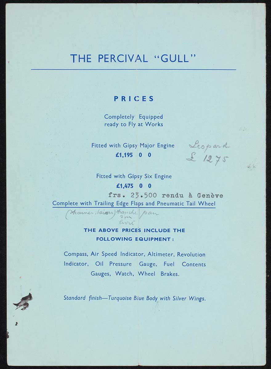 Copy of a pale blue advertising brochure listing 'Percival Gull prices'. In addition to the printed prices on the brochure, 'frs. 23.500 rendu a Geneve' has been added in type. - click to view larger image