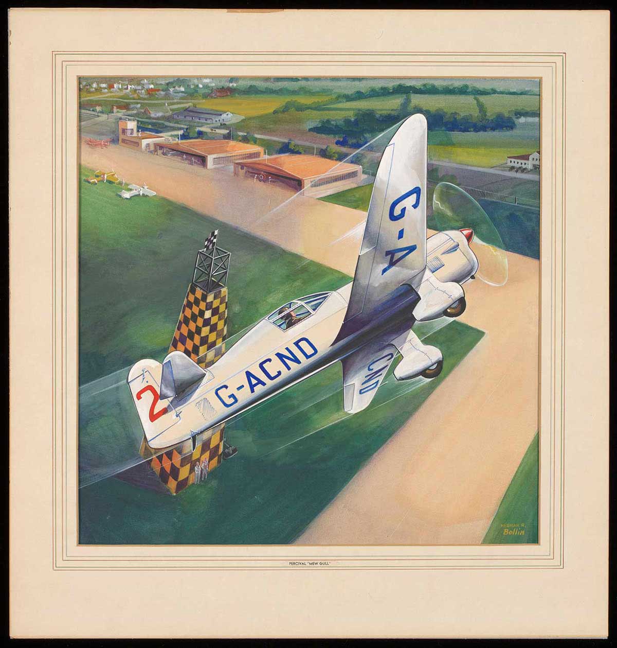 A painting showing a monoplane in flight above an airfield. The plane, registered 'GA-CND' is rounding a marker. - click to view larger image