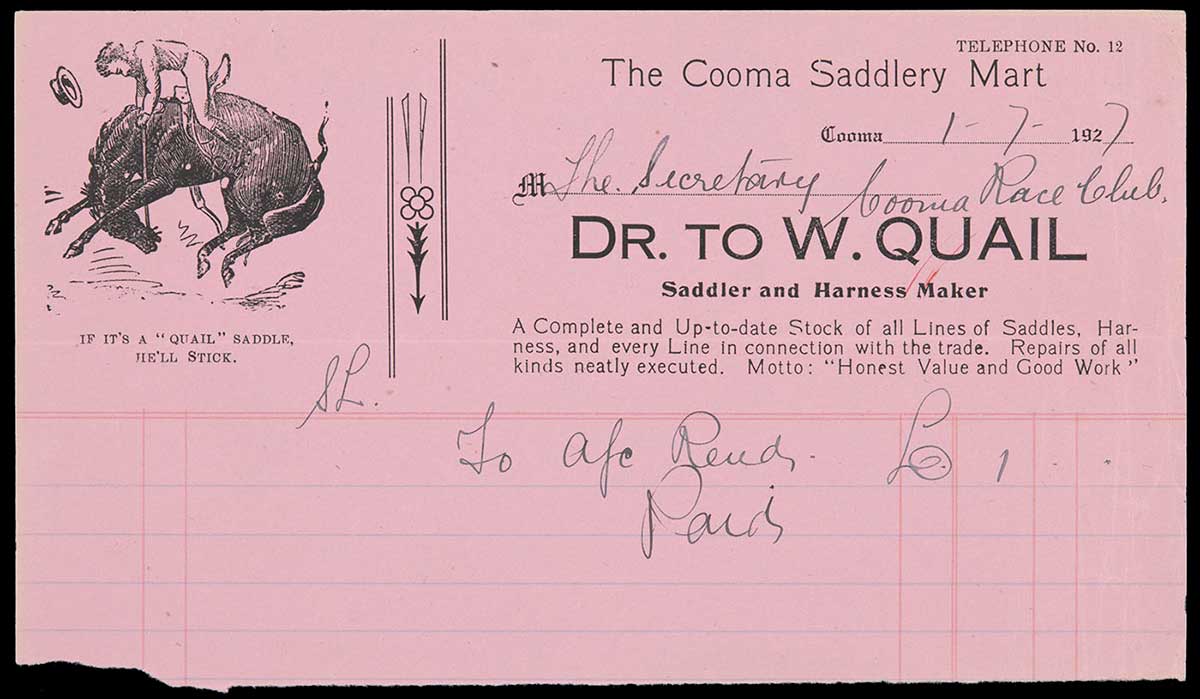 Account on pink paper completed in handwriting from W. Quail, Saddler and Harness Maker with Quail's logo in top left.