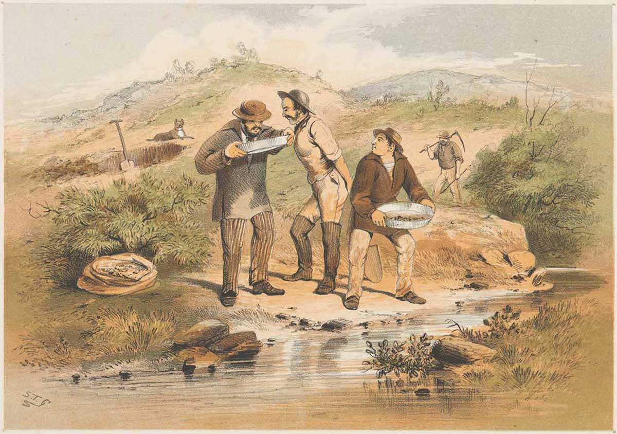 Watercolour painting of three men panning for gold by a small river. They are peering into one of the pans while another man with a scythe is seen in the distance walking in the direction of a spade resting in a hole. - click to view larger image