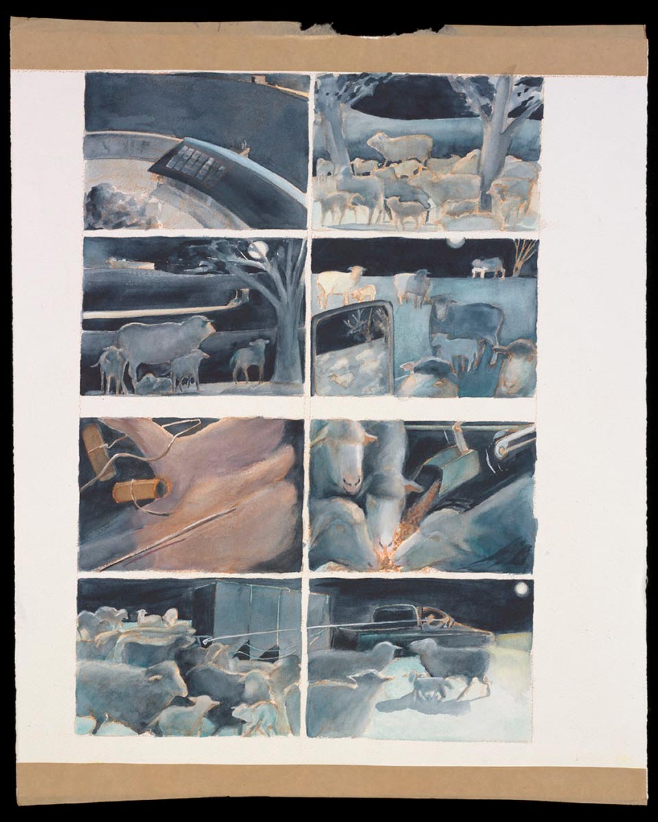 A painting, divided into eight panels, showing an aerial view of a house roof, sheep in a paddock and a trailer dropping grain for sheep. - click to view larger image