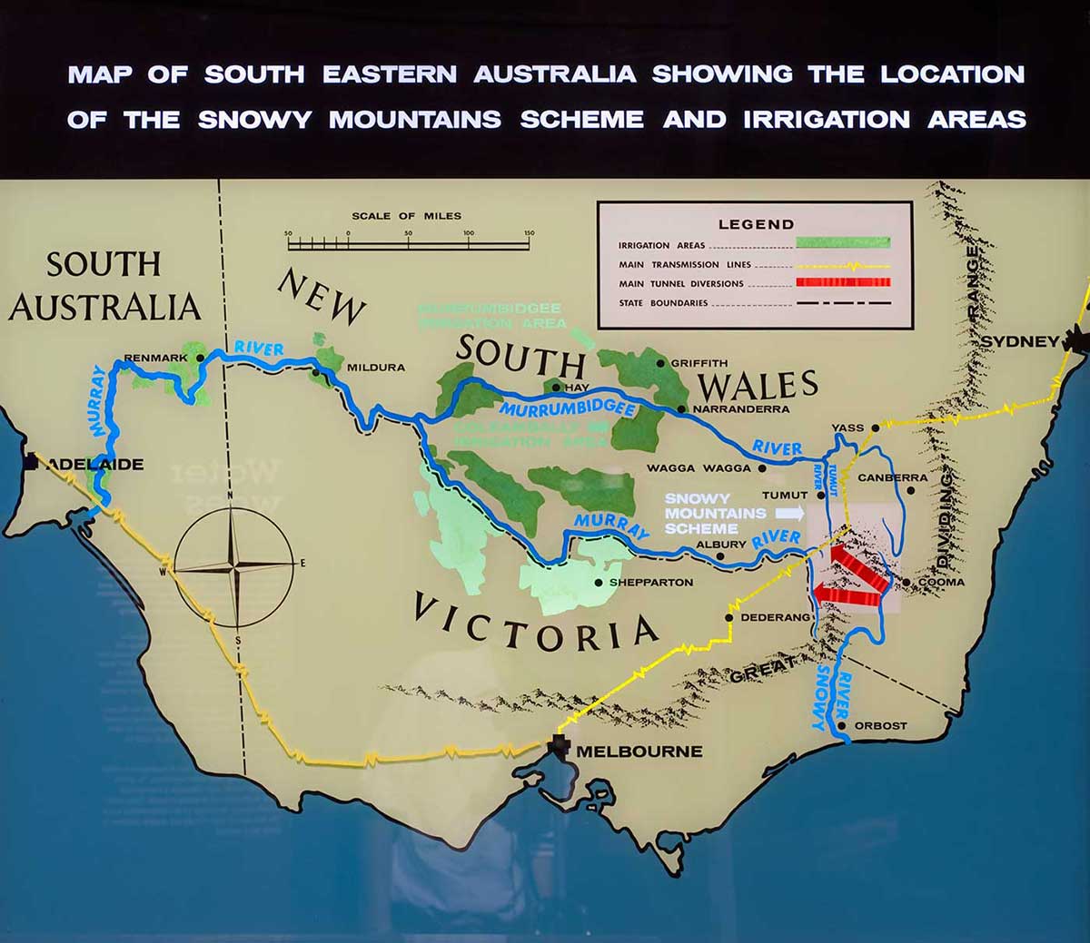 A lightbox depicting key locations in the Snowy Mountains Hydro-Electric Scheme - click to view larger image