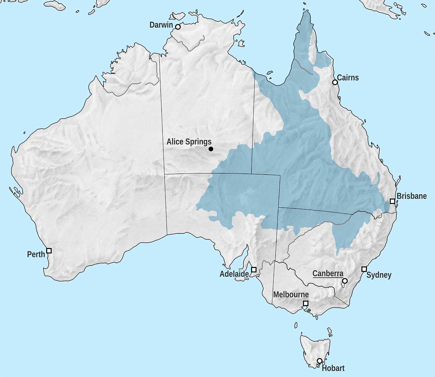 Map of Australia showing the Great Artesian Basin, which covers most of Queensland and stretches into the Northern Territory, South Austrlaia and New South Wales.