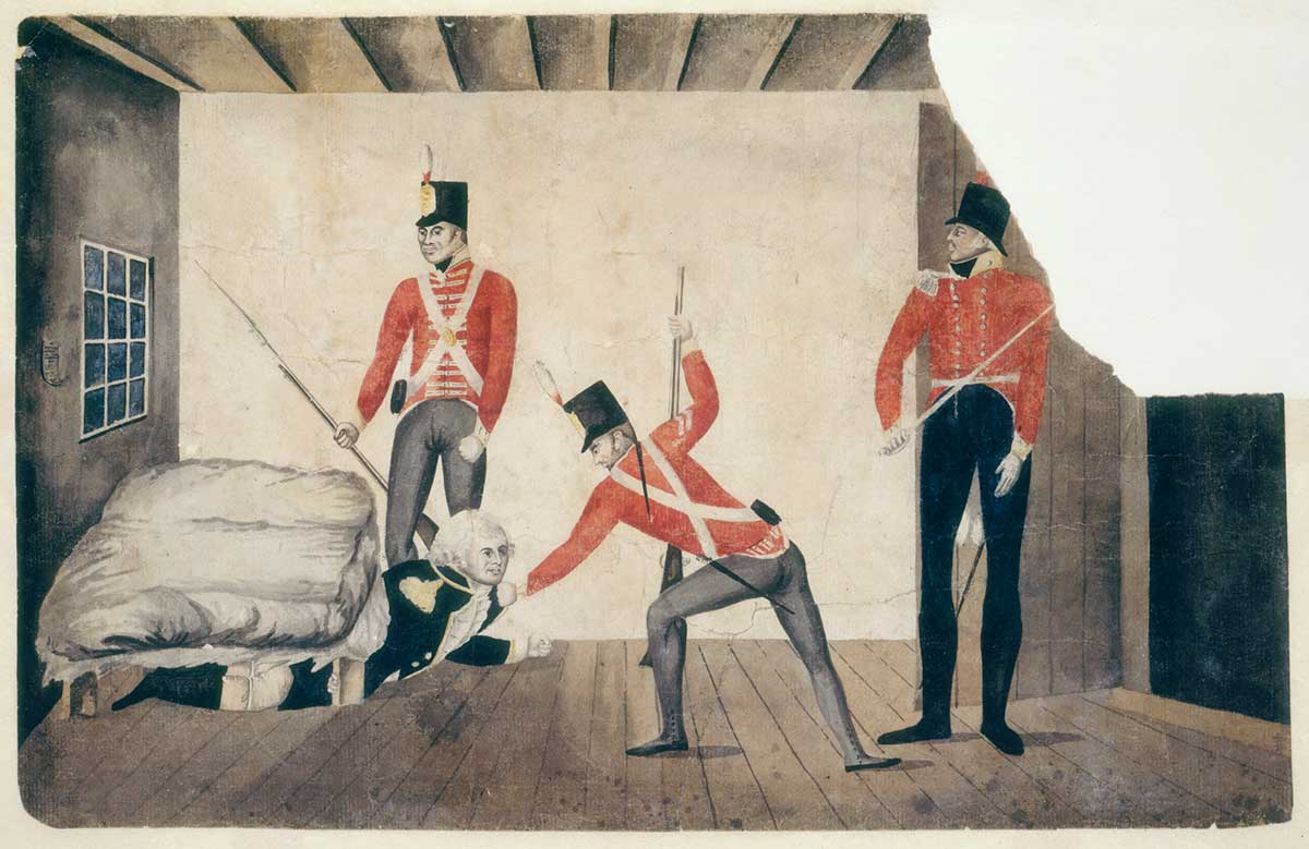 Crude colour picture of Bligh being dragged from under a bed by a soldier with a rifle while another soldier and an officer look on.