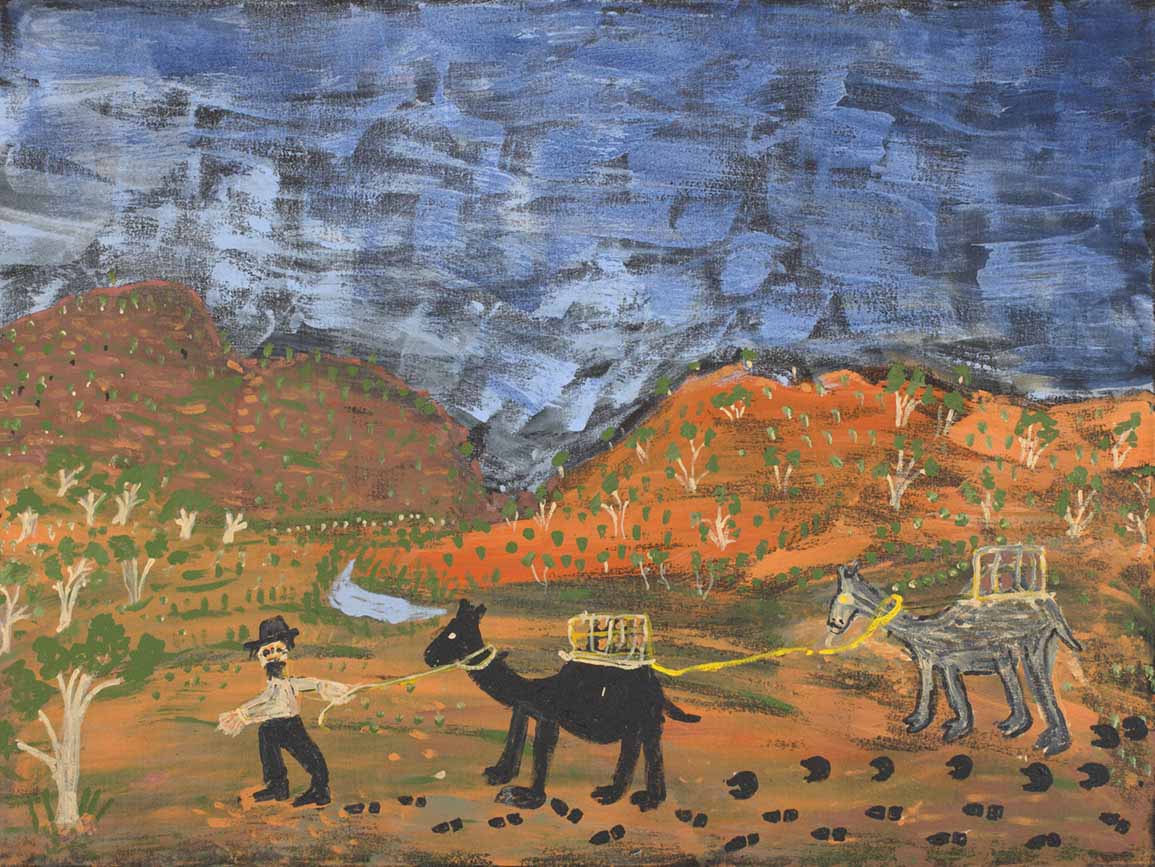 An acrylic painting on canvas showing a person leading two camels through a hilly landscape. - click to view larger image