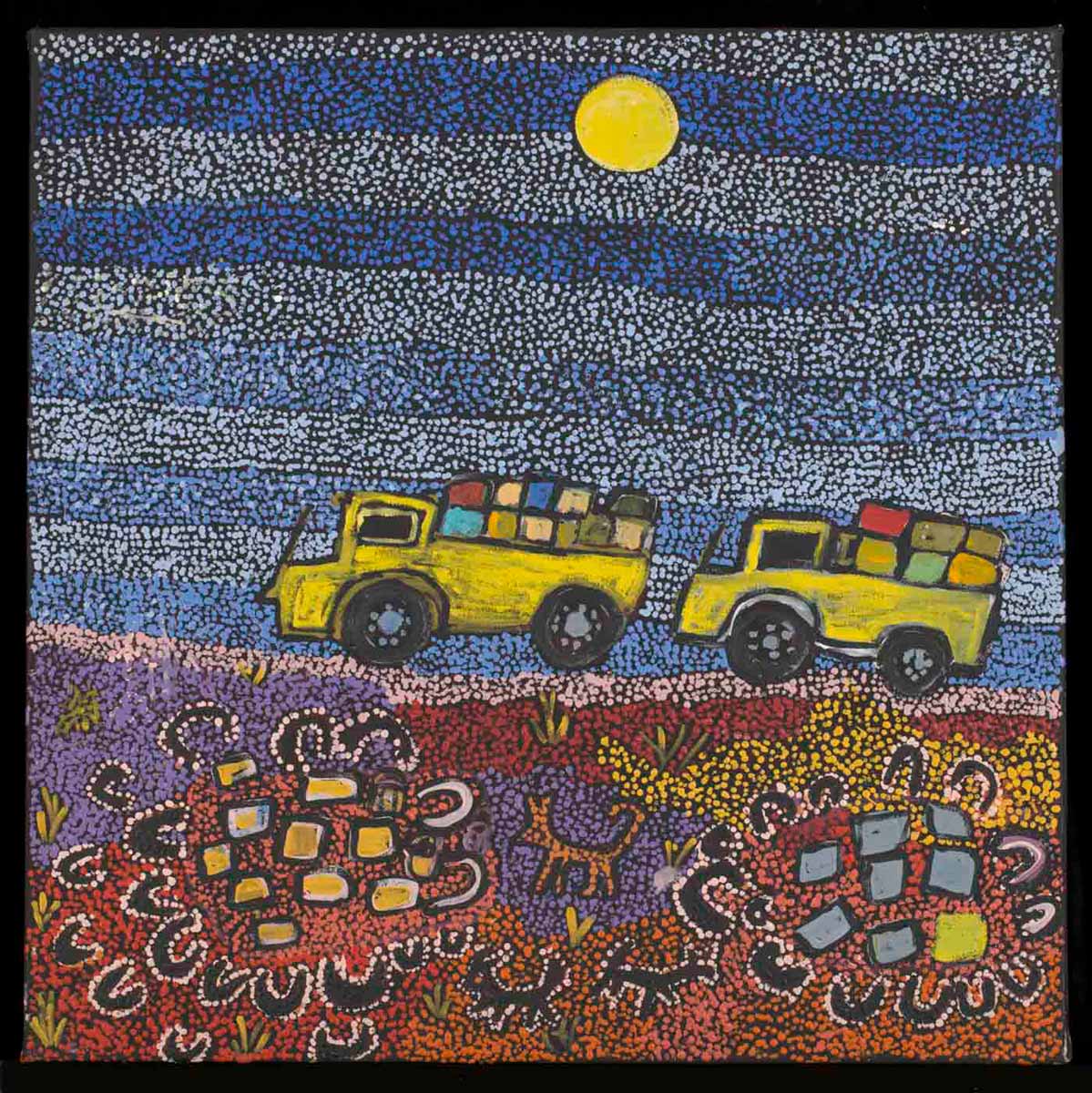 An acrylic painting on canvas showing two yellow trucks carrying big loads, against a mulitcoloured dot infill background. - click to view larger image