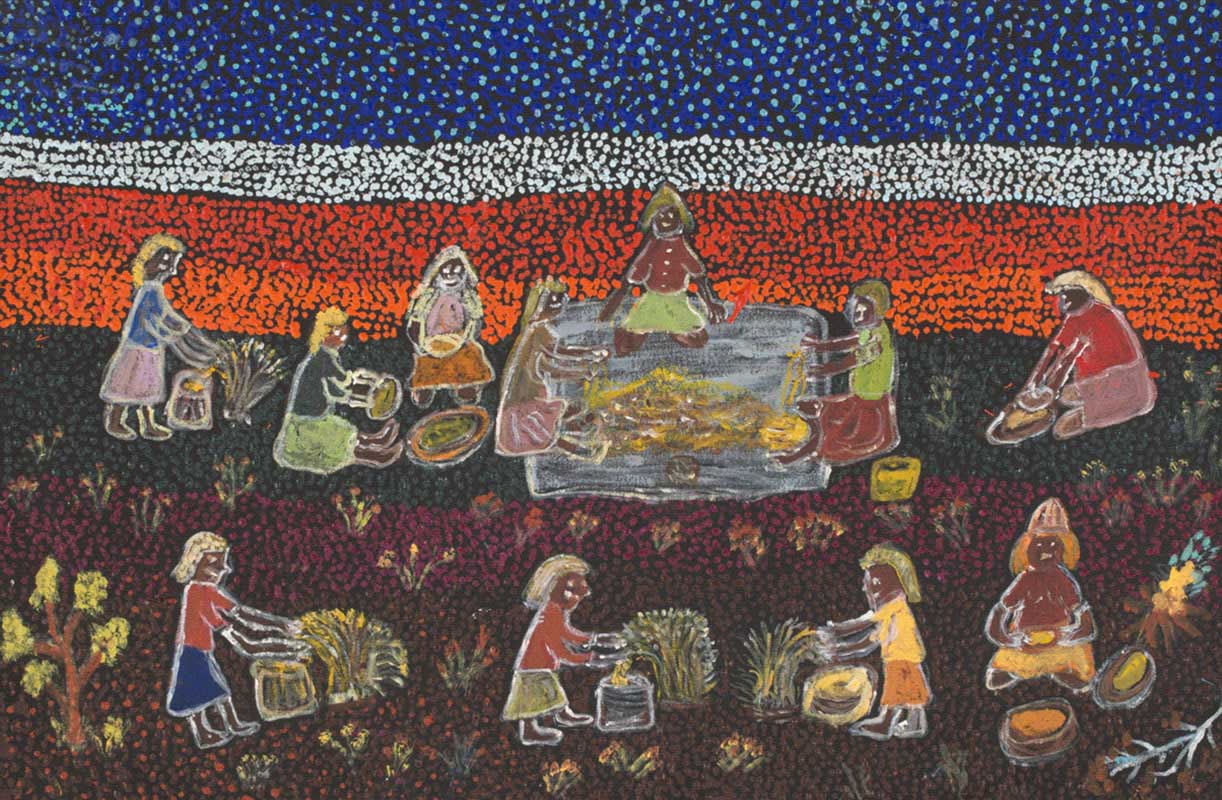 A painting with a band of purple and white dots for the sky , below which there are further bands of white, orange and yellow dots. In the foreground there are a number of female figures; some pick seed from plants and put it into bags, others grind the seed between stones, while a further three figures are sitting on a rug. - click to view larger image