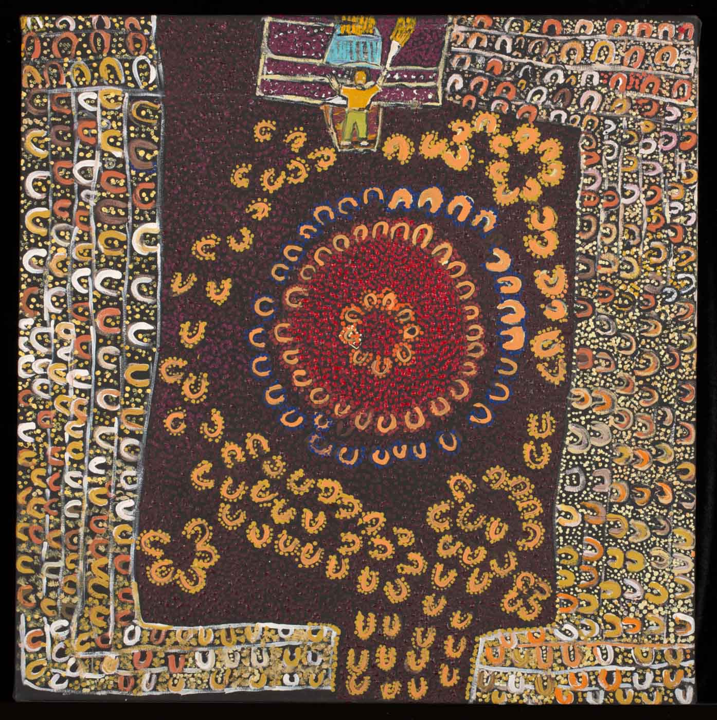 An acrylic painting on canvas showing a person lighting a flame with a torch at the top of the frame. Surrounding this are many people (represented by 'U' shape motifs in yellow, orange and white) in a stadium setting. - click to view larger image