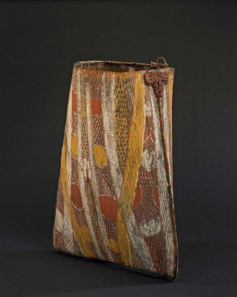 Basket made of folded bark with a geometric design painted with pigment. - click to view larger image