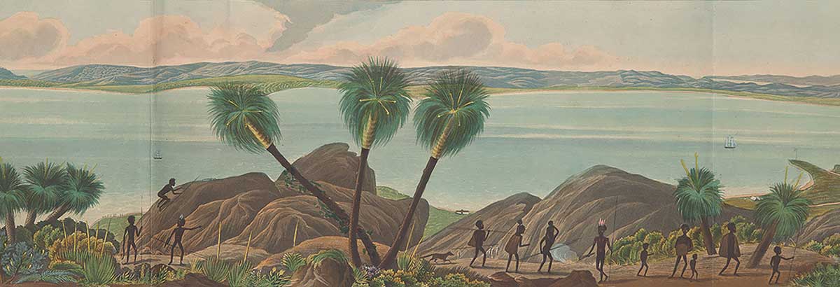 Painting of a panorama of a large body of people with spears on a bank and large body of water in the background.