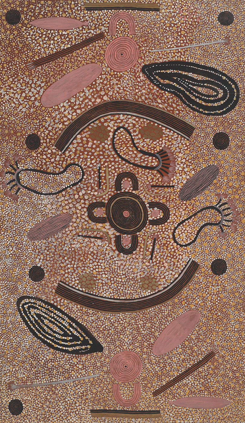 Courting with a Nosepeg 1974 by Kaapa Tjampitjinpa. - click to view larger image