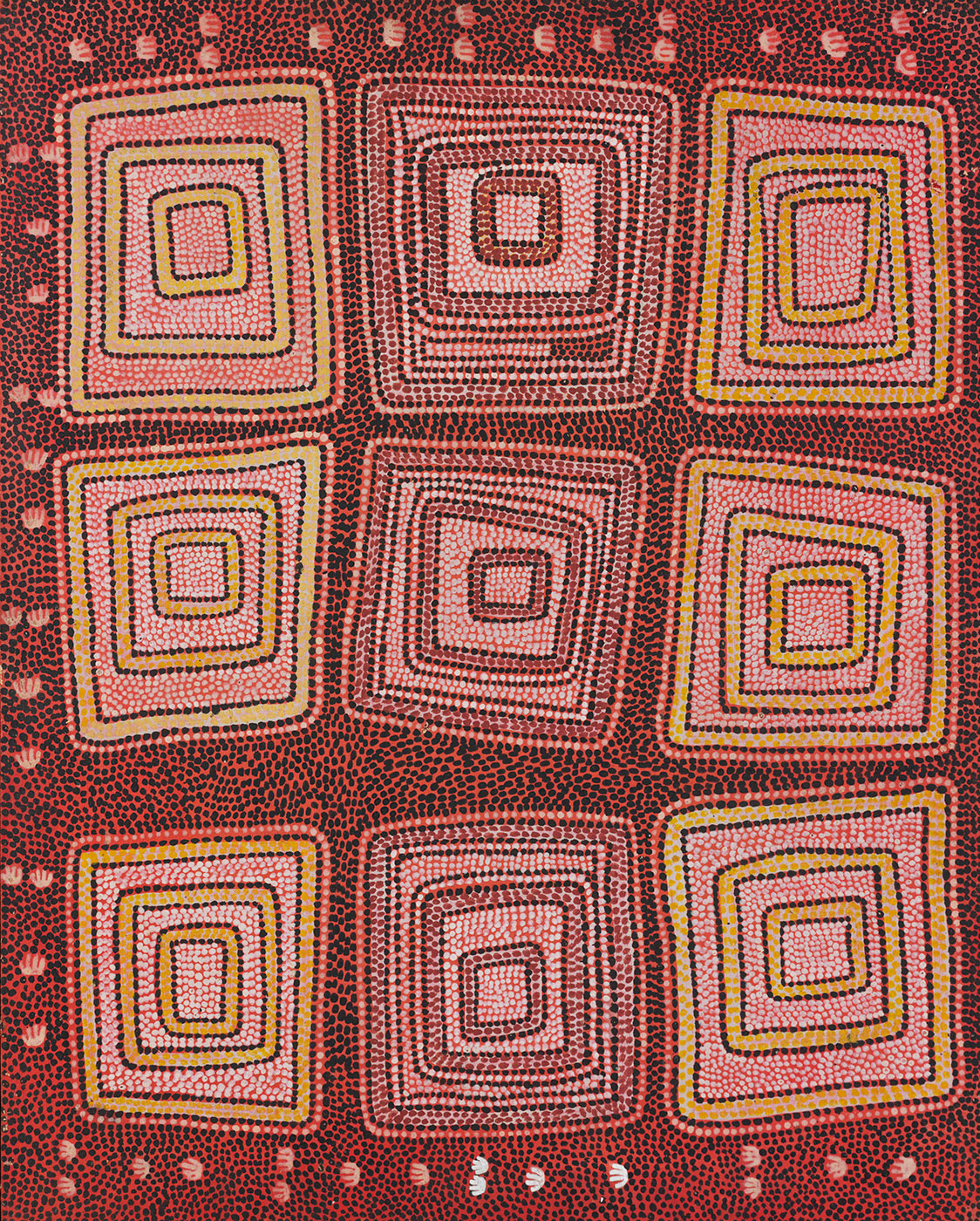 Possum Men of Yirtjurunya (Yiitjurunya) 1974 by Anatjari (Yanyatjarri) Tjakamarra. - click to view larger image