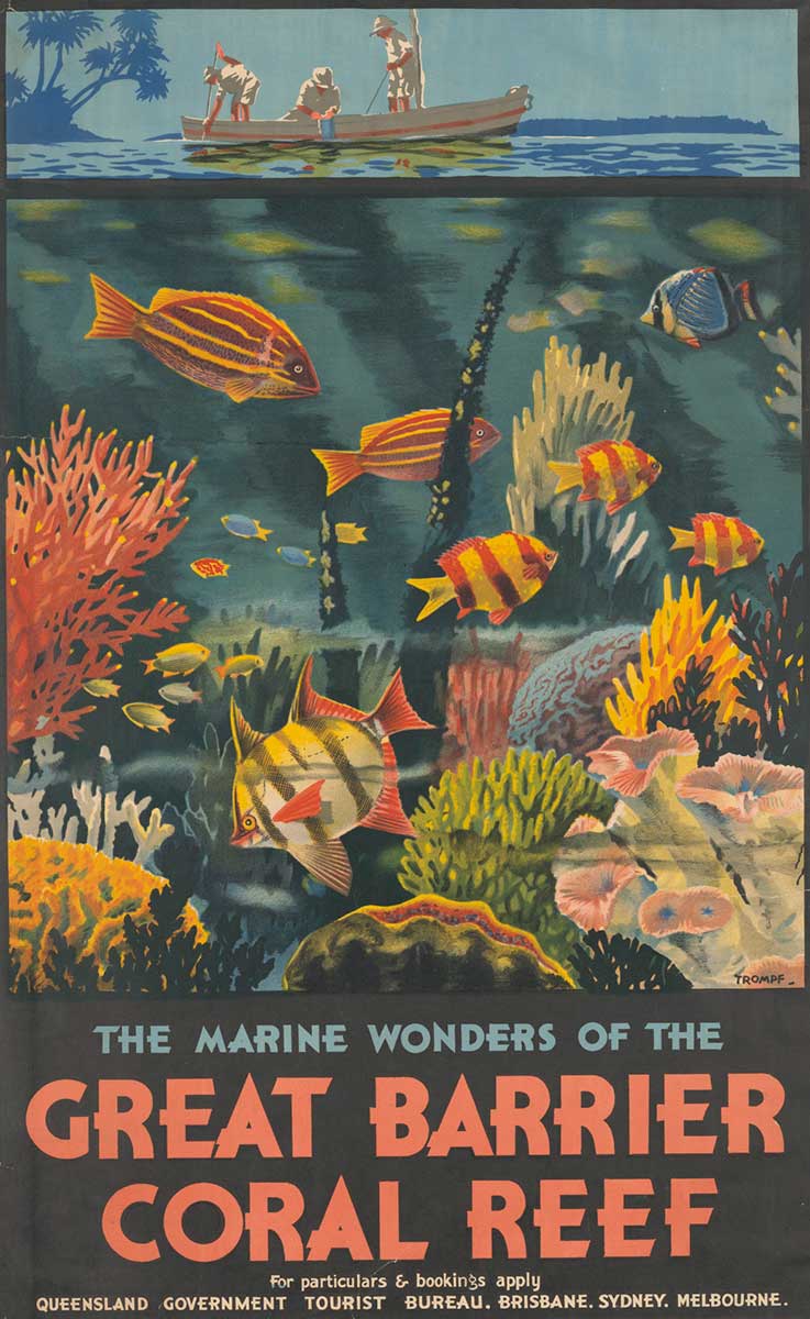 colourful poster showing three people in a boat and various coral and fish underwater - click to view larger image